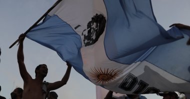 Diego Maradona fans participate in a demonstration where they ask for justice for the death of the Argentine star, in the center of Buenos Aires, Argentina, March 10, 2021. (EPA Photo)