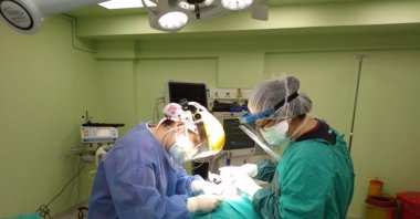 Two dentists from Muğla Sıtkı Koçman University's Faculty of Dentistry carry out surgery after a protocol with Menteşe Public Hospital, Muğla, southwestern Turkey, March 8, 2021. (IHA Photo)