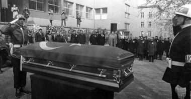 This 1982 file photo shows the funeral ceremony of slain diplomat Kemal Arıkan. (AA Photo)