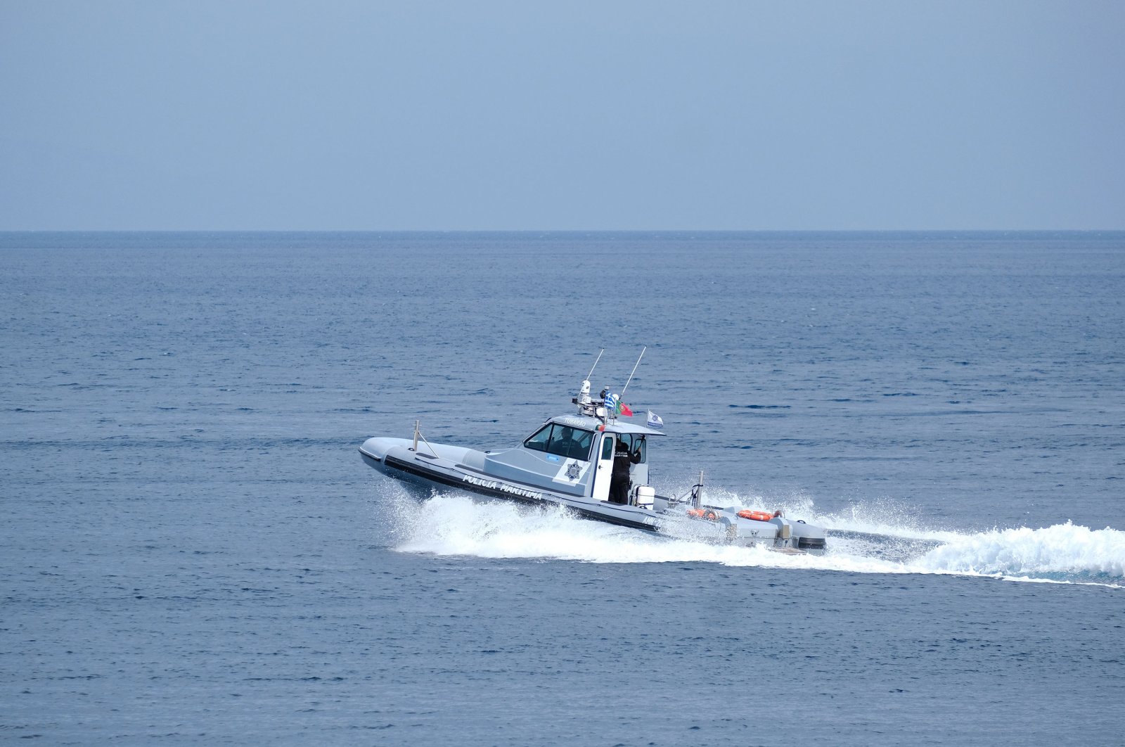 A Frontex patrol vessel cruises near the port of the village of Skala Sikamineas, Greece, March 3, 2020. (Photo by Shutterstock)
