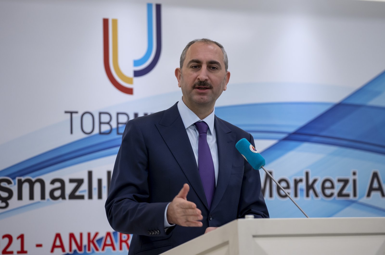 Justice Minister Abdulhamit Gül speaks at an event organized by the Union of Chambers and Commodity Exchanges of Turkey (TOBB) in the capital Ankara, March 11, 2021. (AA Photo)