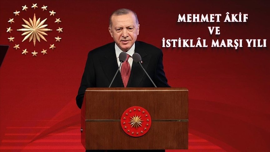 President Recep Tayyip Erdoğan speaks at the memorial event at the Beştepe National Congress and Culture Center, Ankara, Turkey, March 11, 2021. (AA Photo)