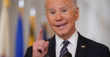 U.S. President Joe Biden gestures as he speaks on the anniversary of the start of the COVID-19 pandemic, in the East Room of the White House in Washington, D.C., U.S., March 11, 2021. (AFP Photo)