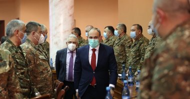 Armenian Prime Minister Nikol Pashinyan meets with top military officers in Yerevan, Armenia, March 10, 2021. ( Armenian Government via AFP)