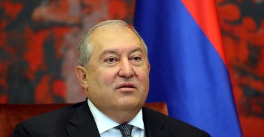 Armenian President Armen Sarkissian and Serbian President Aleksandar Vucic (not pictured) talk during their meeting in Belgrade, Serbia, Oct. 04, 2019. (EPA-EFE Photo)