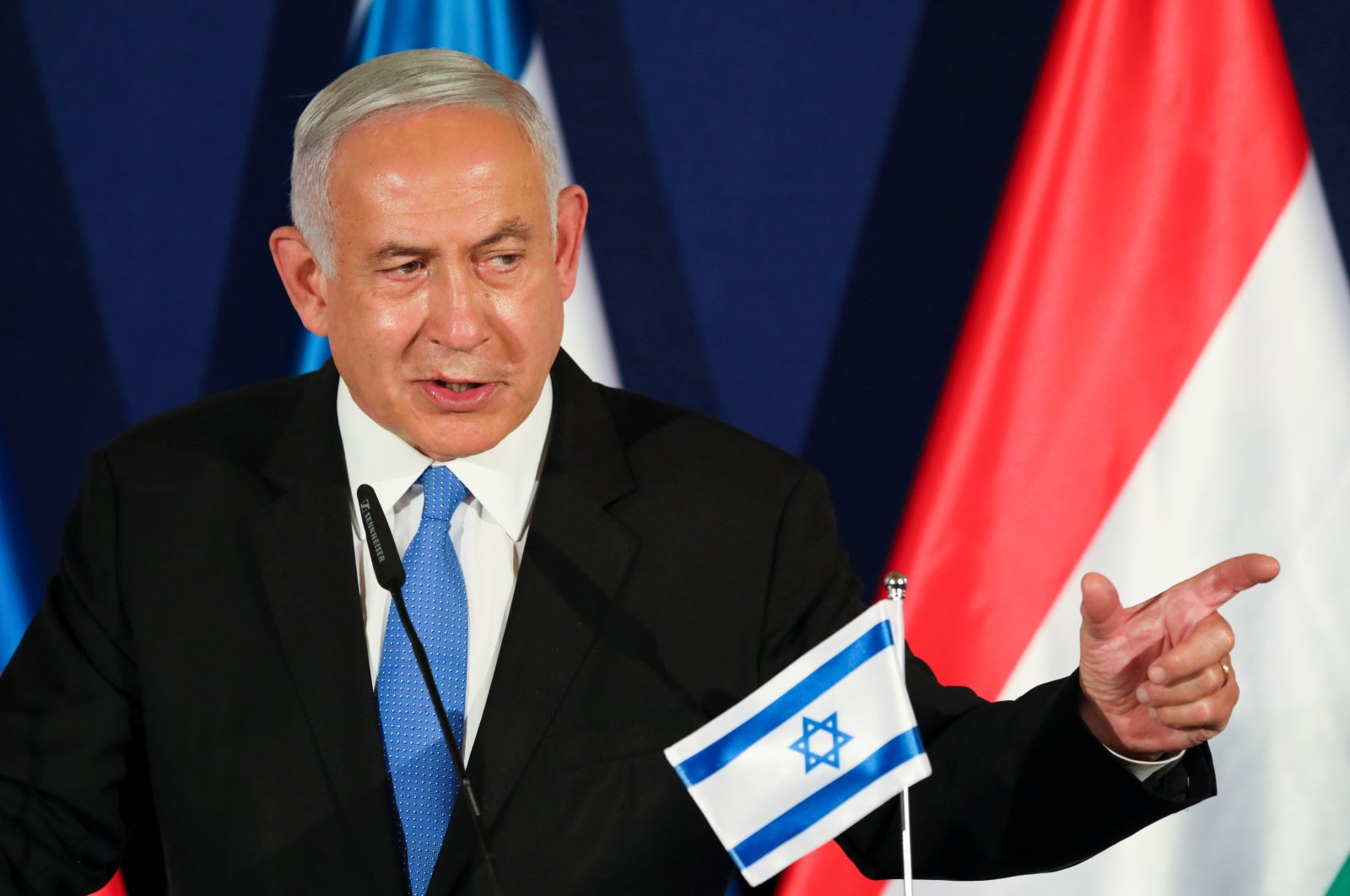 Israeli Prime Minister Benjamin Netanyahu gestures as he delivers a joint statement with Hungarian Prime Minister Viktor Orban and Czech Prime Minister Andrej Babis during their meeting in Jerusalem, Israel, March 11, 2021. (REUTERS)