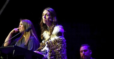 New Zealand's Prime Minister Jacinda Ardern speaks at a National Remembrance Service, Saturday, March 13, 2021, in Christchurch, New Zealand. (Department of Internal Affairs via AP)