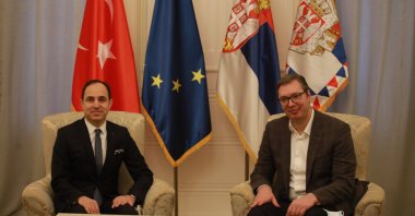 Turkish Ambassador to Belgrade Tanju Bilgiç (L) in a meeting with Serbian President Aleksandar Vucic, Belgrade, March 9, 2021. (AA Photo)