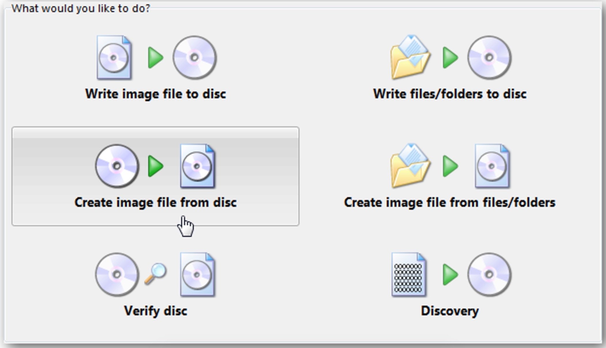 After your PC has detected the CD, click on “Create image file from disc.'