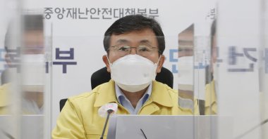 Health and Welfare Minister Kwon Deok-cheol speaks during a meeting of the Central Disaster and Safety Countermeasures Headquarters about measures against the spread of the coronavirus at the government complex in Sejong, South Korea, March 15, 2021.  (EPA)