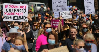 Protesters attend a rally against sexual violence and gender inequality in Sydney, Australia, March 15, 2021. (AFP Photo)