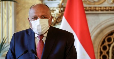 Egyptian Minister of Foreign Affairs Sameh Shoukry, wearing a protective face mask, attends a joint press conference following a meeting on the Middle East Peace process, in Paris, France, March 11, 2021. (Reuters Photo)