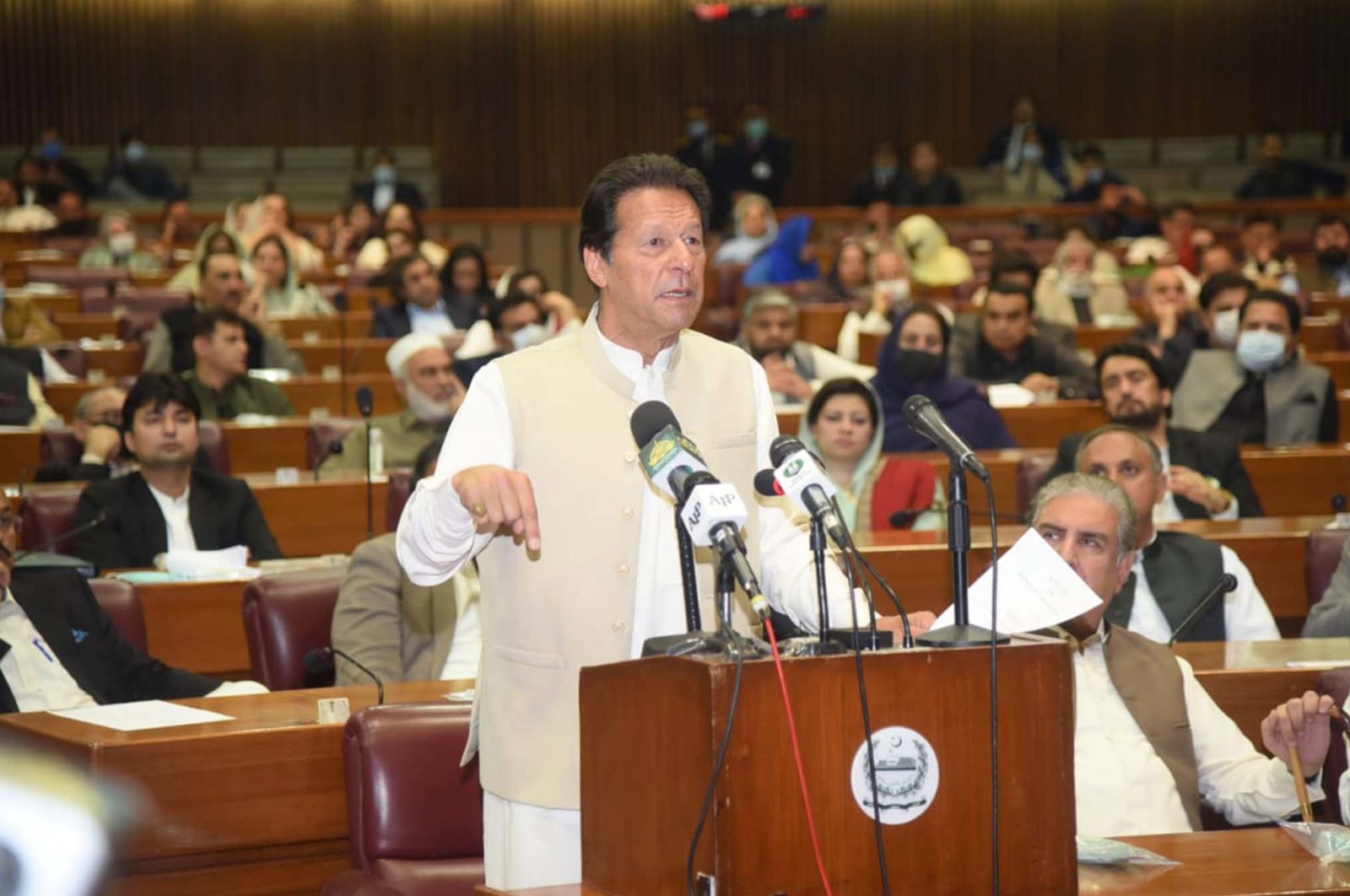 Prime Minister Imran Khan addresses the National Assembly after a vote of confidence session in Islamabad, Pakistan, March, 6 2021. (EPA)