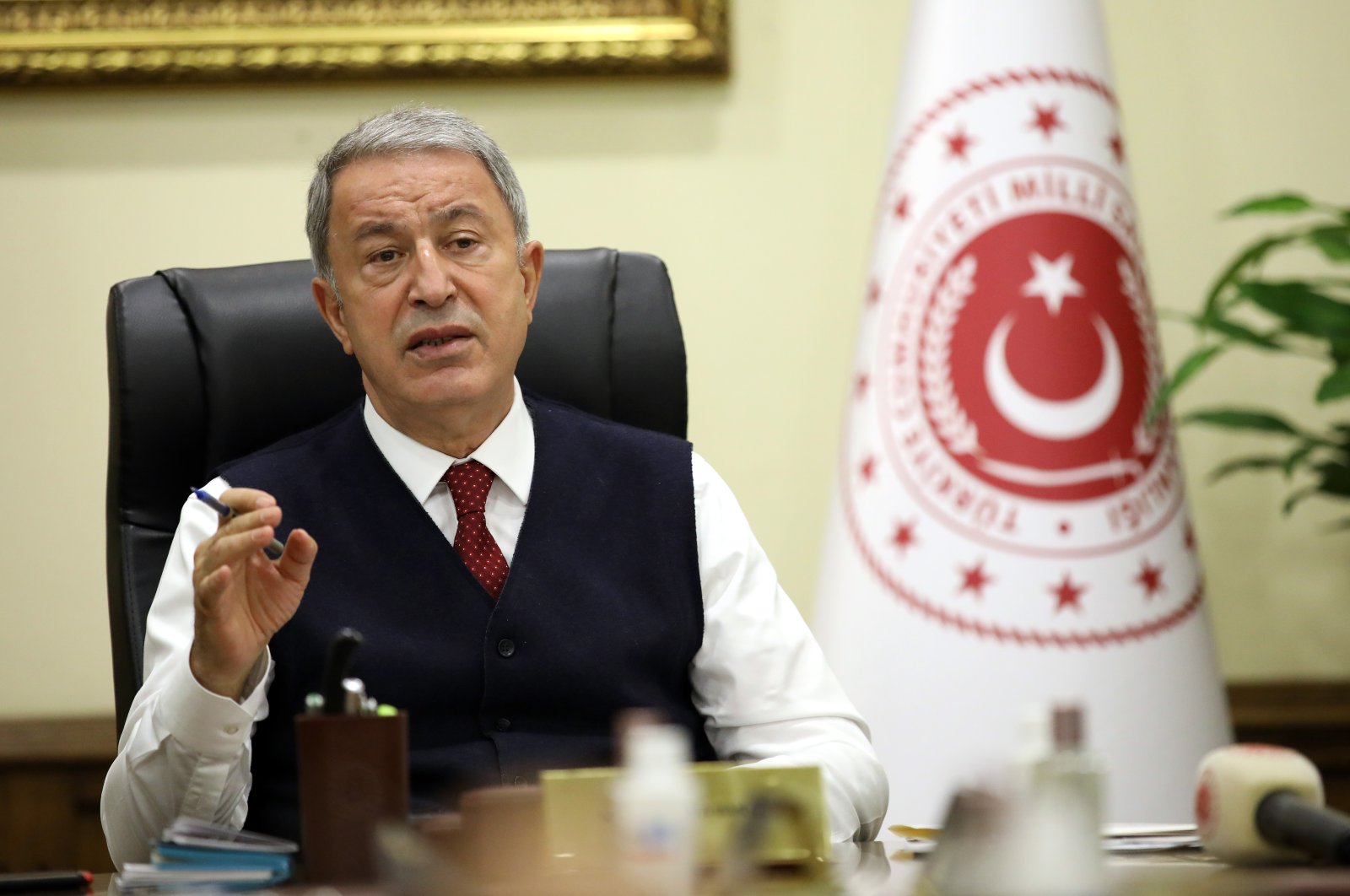 Defense Minister Hulusi Akar speaks at a videoconference with Turkish military commanders in Ankara, Turkey, March 15, 2021. (AA)