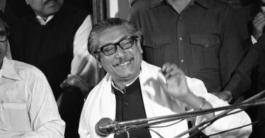 Sheikh Mujibur Rahman speaks at press conference in Dacca, Bangladesh, Jan. 14, 1972. (AP Photo)