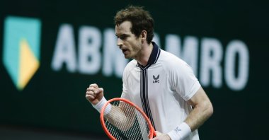 Britain's Andy Murray clenches his fist after defeating Netherland's Robin Haase in the ABN AMRO world tennis tournament at Ahoy Arena in Rotterdam, Netherlands, March 1, 2021. (AP Photo)