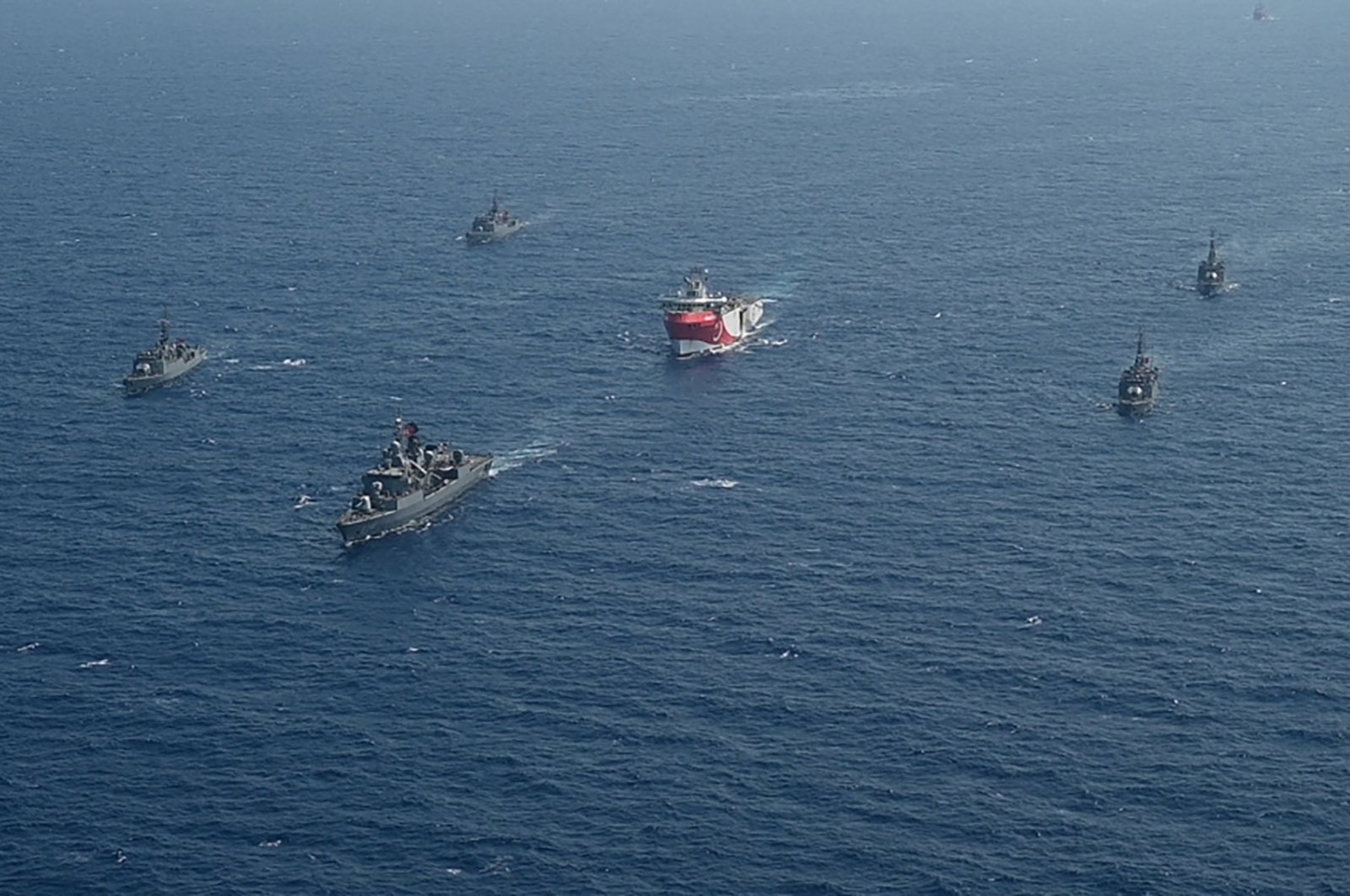 Turkish warships escort Turkey's Oruç Reis seismic research vessel (C) in the Eastern Mediterranean, Aug. 10, 2020. (Reuters Photo)