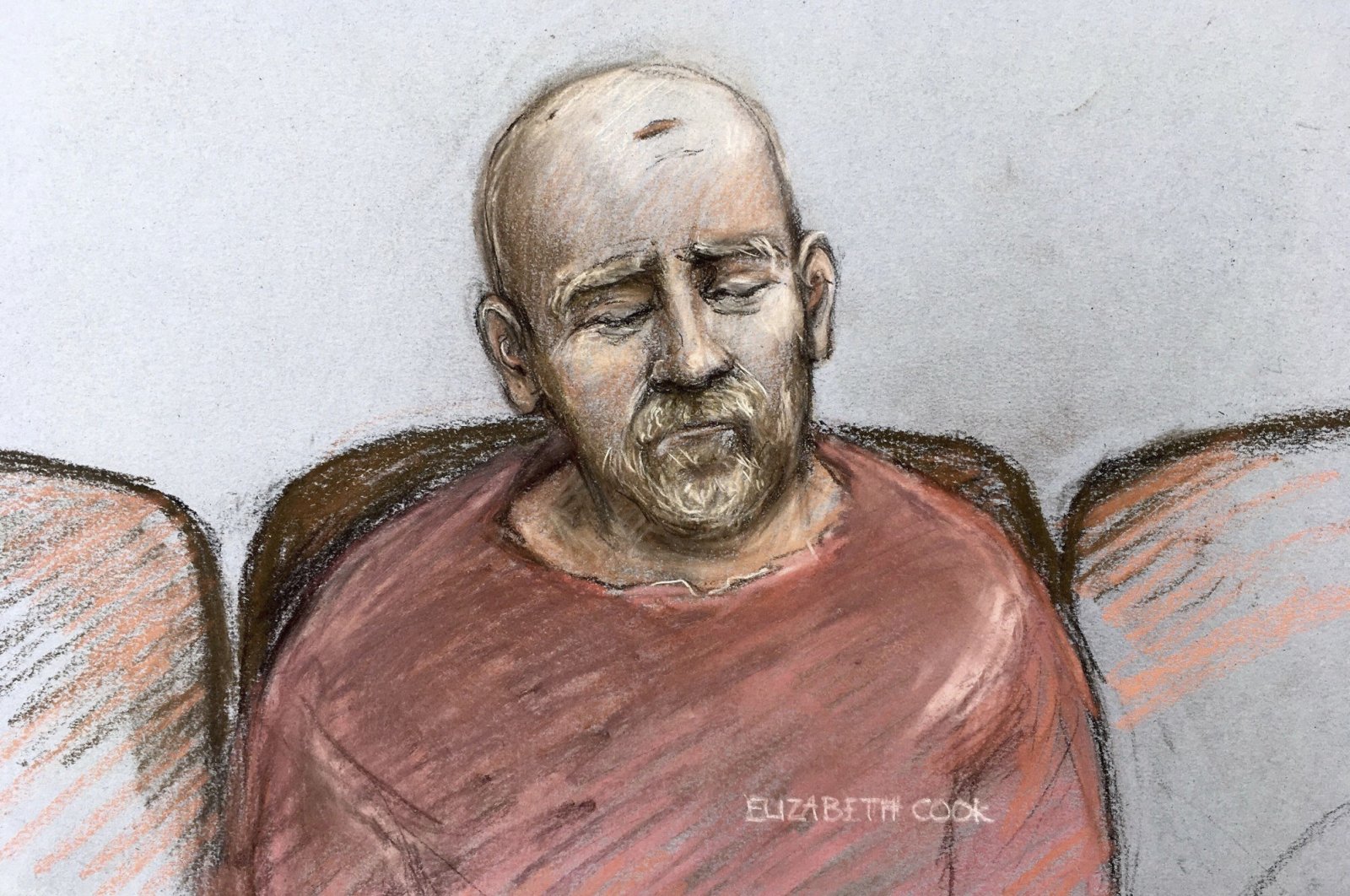 Court artist sketch by Elizabeth Cook, showing serving police constable Wayne Couzens, making his first appearance at the Old Bailey court by video link from Belmarsh top security jail where he is charged with the murder and kidnapping of Sarah Everard in south London, Tuesday March 16, 2021, . (AP Photo)