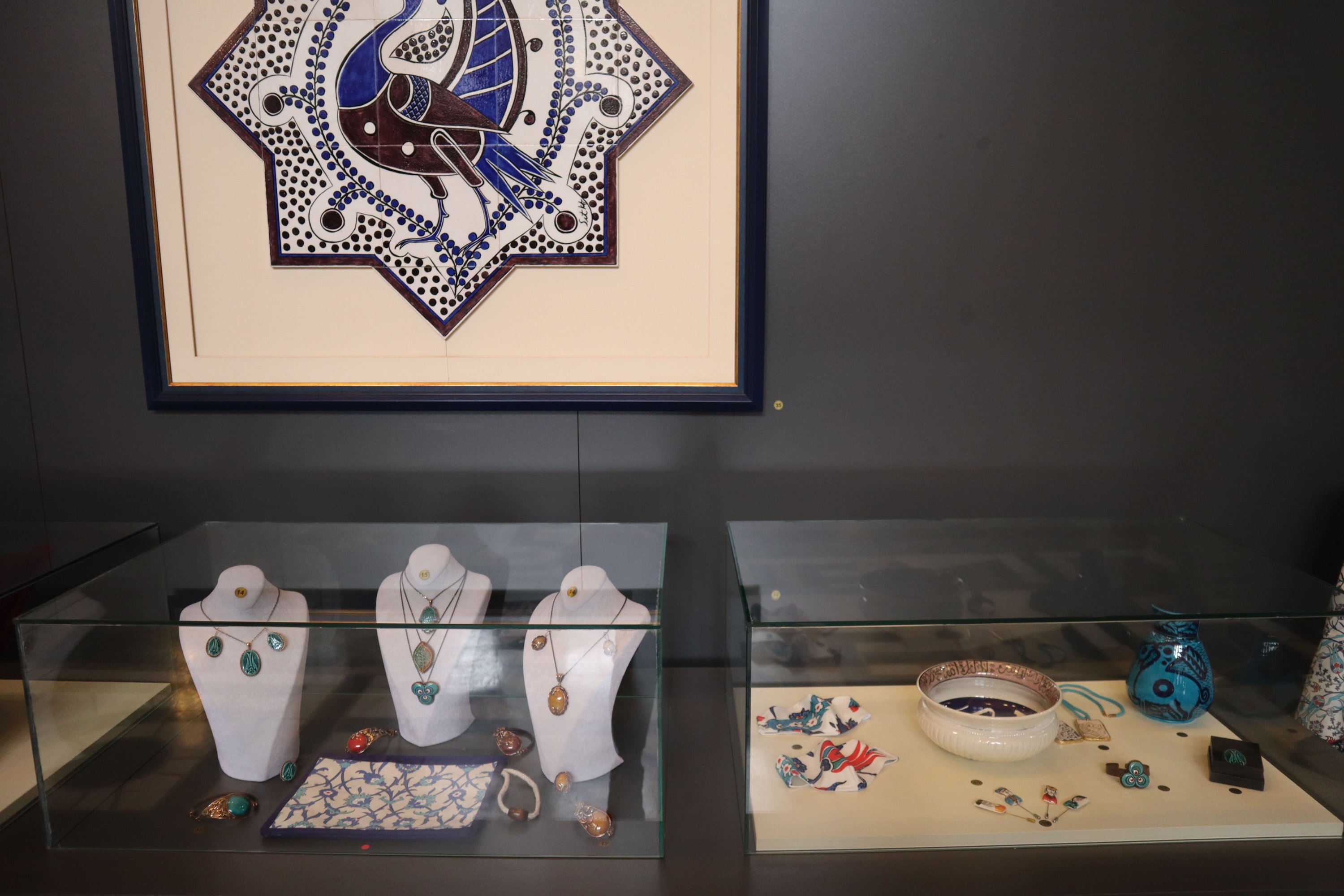A selection of works decorated with tile patterns at the “Parliament Private Kütahya Collection Sıtkı" exhibition in the Turkish Parliament’s Hall of Honor, Ankara, Turkey, March 17, 2021. (Photo by Dilara Aslan)