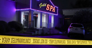 Crime scene tape surrounds Gold Spa after the deadly shootings at a massage parlor and two day spas in the Atlanta area, in Atlanta, Georgia, U.S. March 16, 2021. (Reuters Photo)