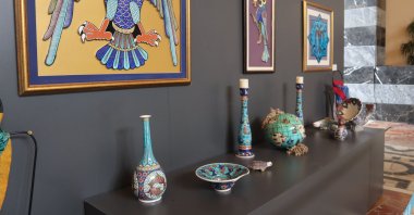 A selection of works decorated with tile patterns at the “Parliament Private Kütahya Collection Sıtkı" exhibition in the Turkish Parliament’s Hall of Honor, Ankara, Turkey, March 17, 2021. (Photo by Dilara Aslan)