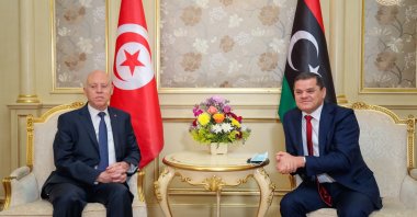 Tunisia's President Kais Saied meets with Libya's Prime Minister Abdulhamid Dbeibeh in Tripoli, Libya March 17, 2021. (Media Office of the Prime Minister via Reuters)