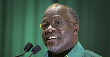 In this Saturday, July 11, 2015 file photo, Tanzania's then public works minister and presidential candidate John Magufuli speaks at an internal party poll to decide the ruling Chama Cha Mapinduzi (CCM) party's presidential candidate, which they later chose him to be, in Dodoma, Tanzania. (AP Photo)