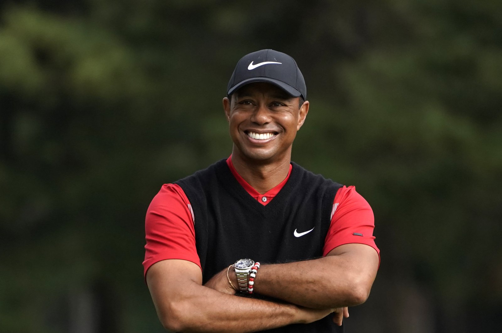 Tiger Woods smiles during after winning the Zozo Championship PGA Tour at the Accordia Golf Narashino country club in Inzai, Tokyo, Japan, Oct. 28, 2019. (AP Photo)