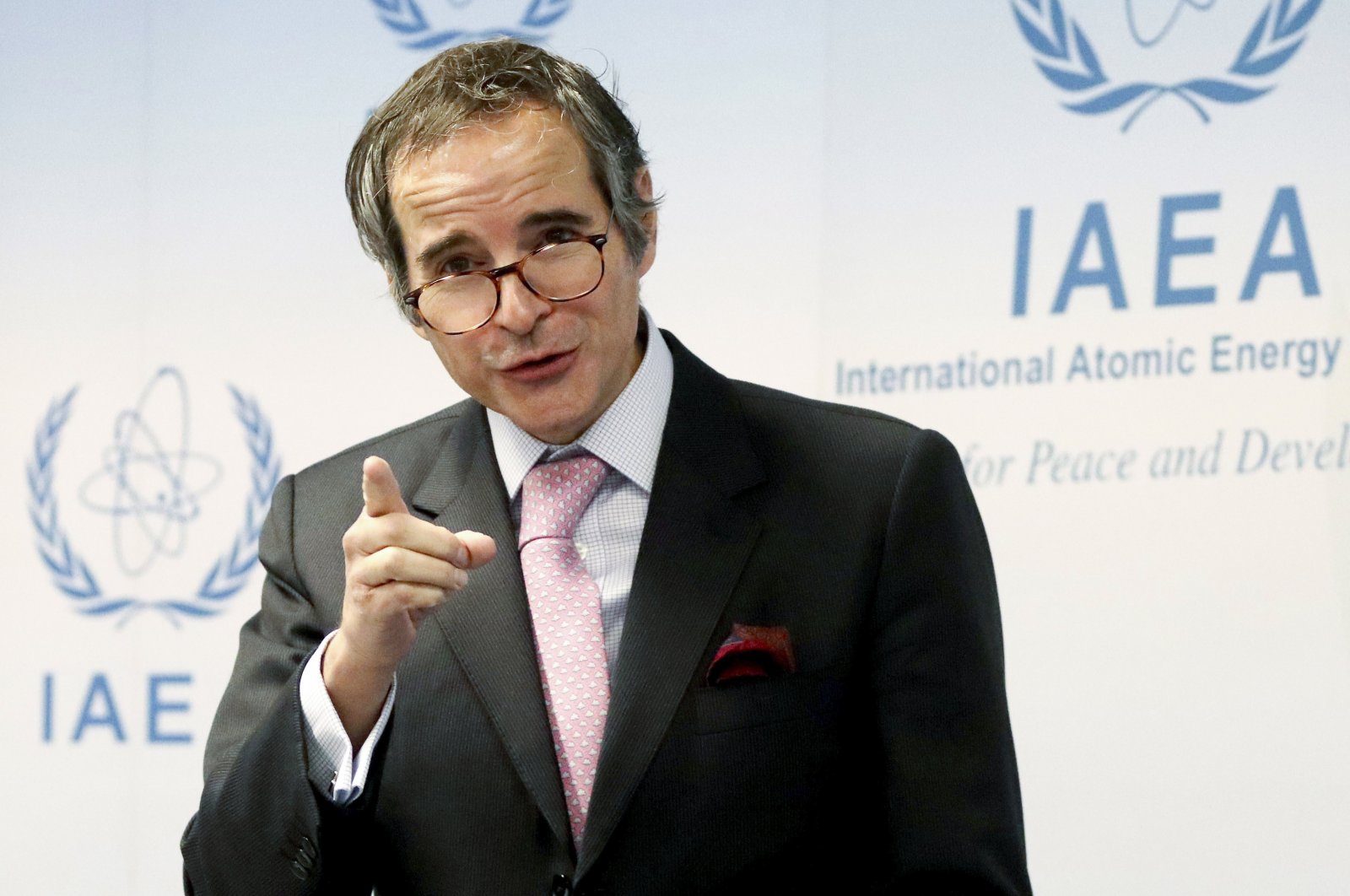 International Atomic Energy Agency (IAEA) Director General Rafael Mariano Grossi addresses the media during a news conference at the International Center in Vienna, Austria, March 1, 2021. (AP Photo)