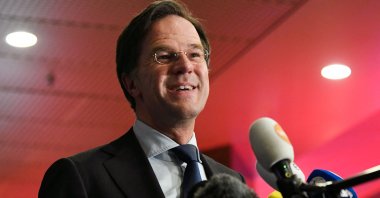 Dutch Prime Minister Mark Rutte reacts to the exit polls of the House of Representatives' elections in The Hague, Netherlands, March 17, 2021. (AFP Photo)