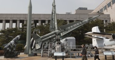 A mock North Korean Scud-B missile (2nd from L) and South Korean missiles are displayed at the Korea War Memorial Museum in Seoul, South Korea, March 18, 2021. (AP Photo)