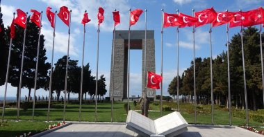 Martyr's Memorial is seen behind Turkish flags, Çanakkale, northwestern Turkey, March 18, 2021. (İHA Photo)
