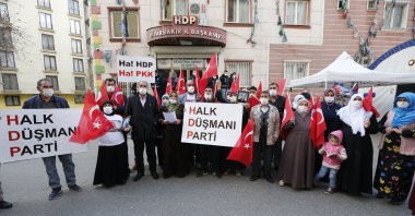Kurdish families, whose children were abducted by the PKK, protest the terrorist group and the pro-PKK Peoples' Democratic Party (HDP) in front of the party's office in southeastern Diyarbakır province, Turkey, March 18, 2021. (AA Photo)