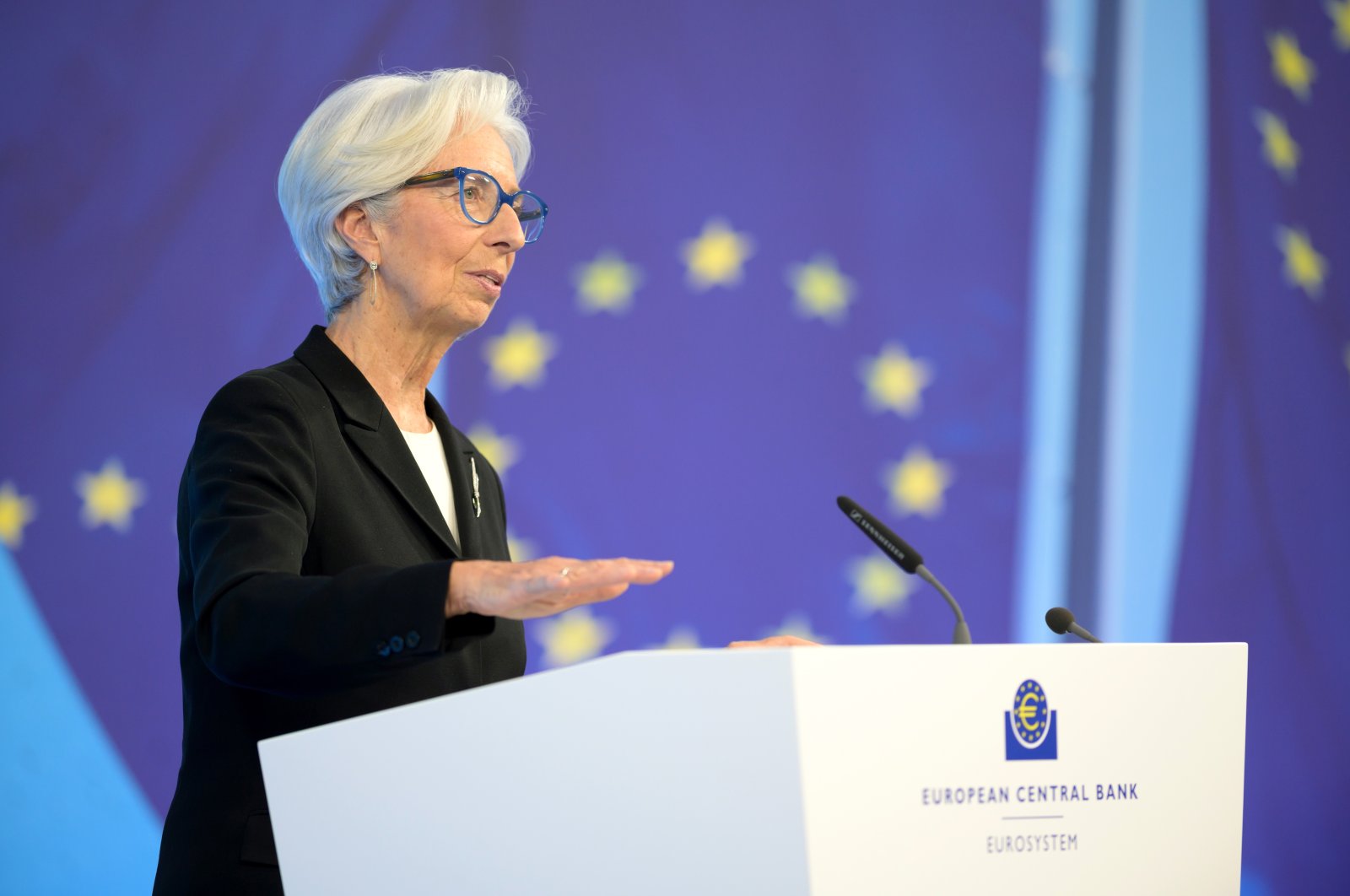 European Central Bank (ECB) President Christine Lagarde speaks during a press conference in Frankfurt, Germany, March 11, 2021. (ECB via EPA)