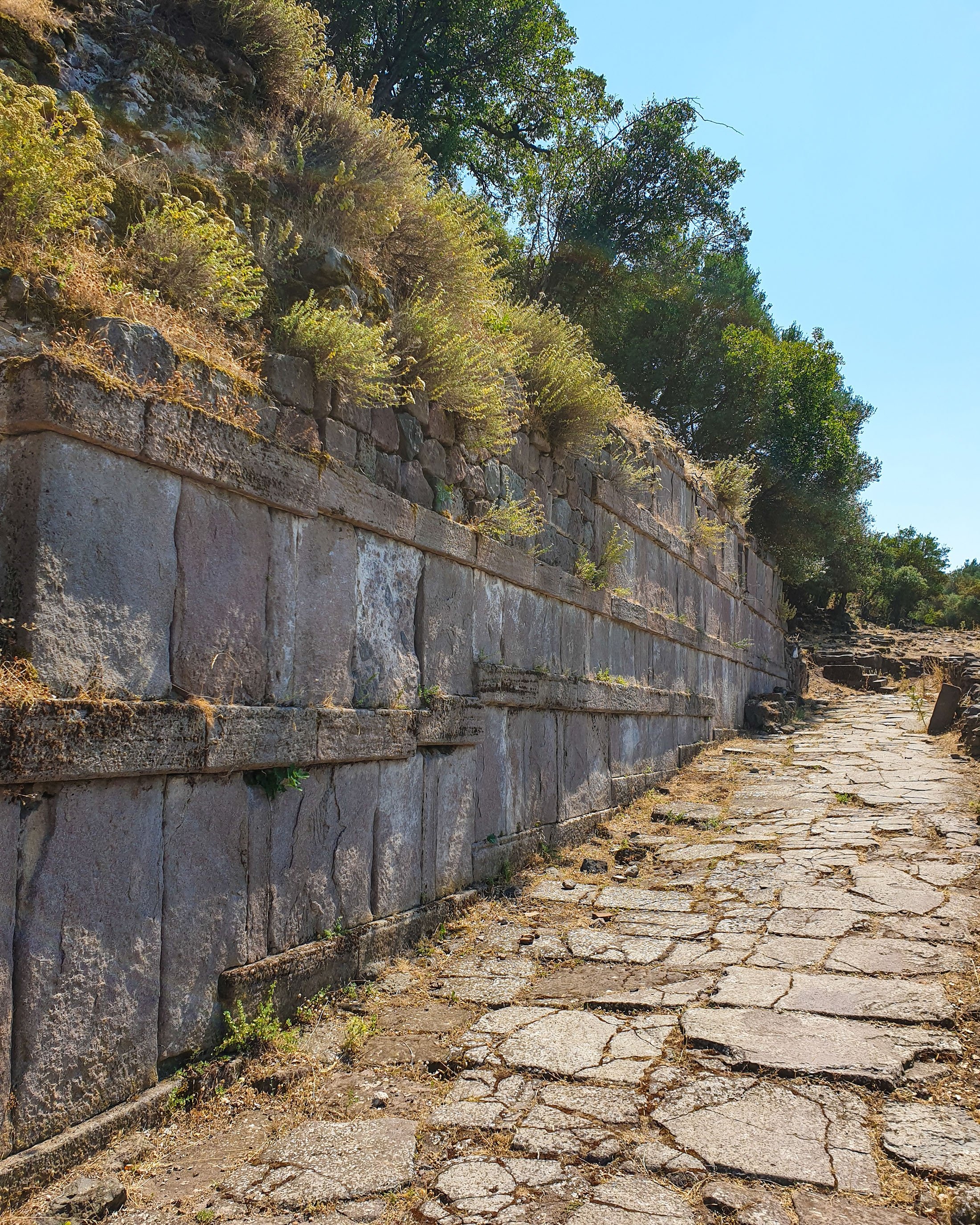 Ancient walls and the pedestrian path at Aigai. (Photo by Argun Konuk)