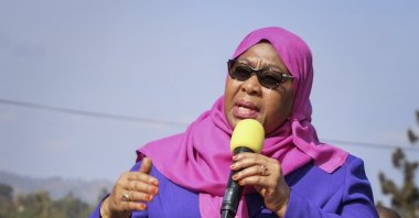 Tanzania's then Vice President Samia Suluhu Hassan speaks during a tour of the Tanga region of Tanzania, March 16, 2021. (AP Photo)