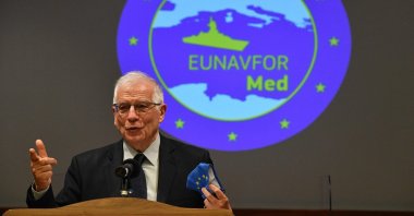 Josep Borrell, the vice-president of the European Commission and head of EU foreign affairs and security policy,  holds a press conference during a visit to the headquarters of the EU's IRINI naval operation, Rome, Italy, March 18, 2021. (AFP Photo)