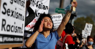 A woman yells during a demonstration following the deadly shootings in Atlanta, Georgia, U.S., March 18, 2021. (Reuters Photo)