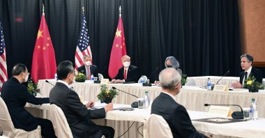 Secretary of State Antony Blinken, speaks as Chinese Communist Party foreign affairs chief Yang Jiechi, left, and China's State Councilor Wang Yi, second from left, listen at the opening session of U.S.-China talks at the Captain Cook Hotel in Anchorage, Alaska, Thursday, March 18, 2021. (AP Photo)