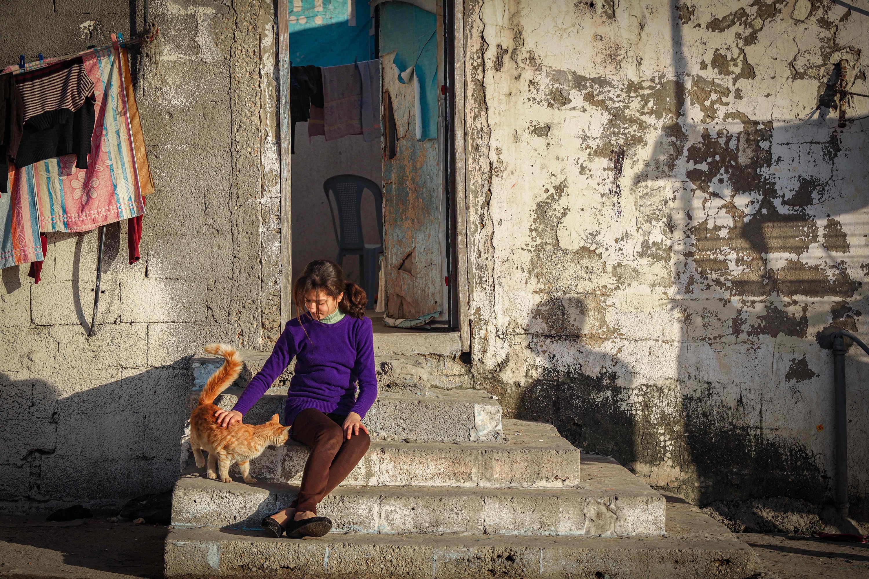 A girl pets a cat in Gaza City, Palestine, March 17, 2021. (AFP Photo)