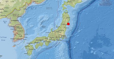 A screengrab from United States Geological Survey (USGS) shows the epicenter of the 7.2-magnitude earthquake off Miyagi, Japan, March 20, 2021.