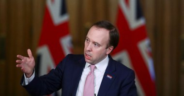 Britain's Health Secretary Matt Hancock gives an update on the coronavirus covid-19 pandemic during a virtual press conference inside 10 Downing Street in central London on March 5, 2021. (AFP)