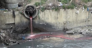 Pink water pours into Haramidere creek in Esenyurt district, Istanbul, Turkey, March 20, 2021. (DHA Photo)