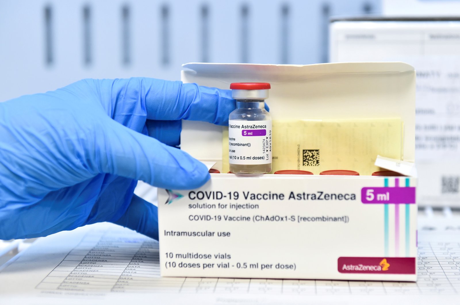 A healthcare worker shows a vial and a box of AstraZeneca's COVID-19 vaccine, in Turin, Italy, March 19, 2021. (Reuters Photo)