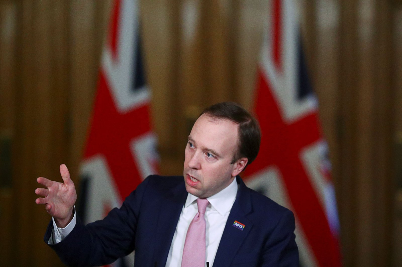 Britain's Health Secretary Matt Hancock gives an update on the coronavirus covid-19 pandemic during a virtual press conference inside 10 Downing Street in central London on March 5, 2021. (AFP)