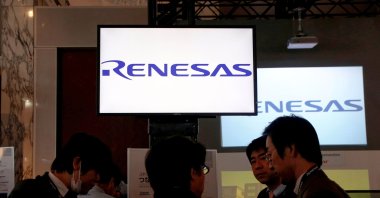Renesas Electronics Corp.'s logos at the company's conference in Tokyo, Japan, April 11, 2017. (Reuters Photo)
