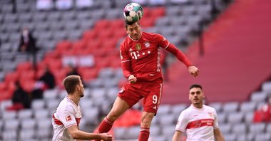 Bayern forward Robert Lewandowski (C) scores a goal against VfB Stuttgart in a Bundesliga match in Munich, Germany, March 20, 2021. (EPA Photos)