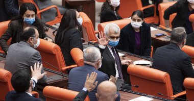 Then-HDP Deputy Ömer Faruk Gergerlioğlu waves after a session in the Turkish Parliament, Ankara, Turkey, March 17, 2021. (AA)