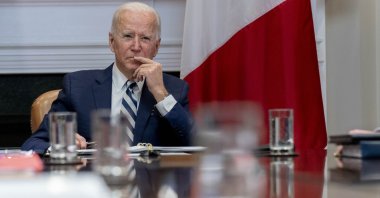 President Joe Biden attends a virtual meeting in the Roosevelt Room of the White House in Washington, U.S., March 1, 2021. (AP Photo)