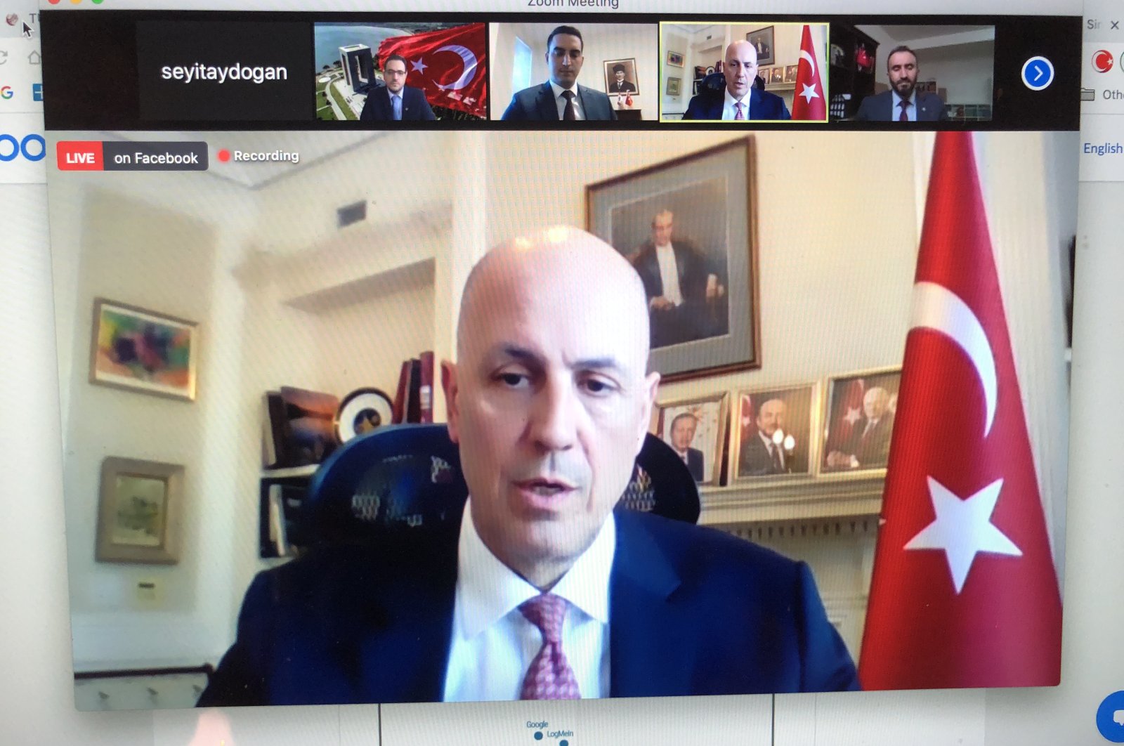 Turkey's ambassador to Canada, Kerim Uras, attends a live event to commemorate the Çanakkale victory on March 18, 2021 (AA Photo)